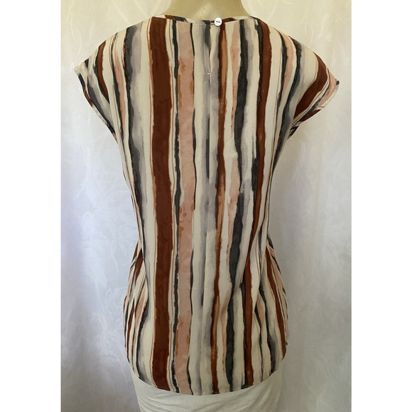 St John Silk Top Blouse Sleeveless Striped Brown Gray Cream Keyhole Stre… - Picture 6 of 9